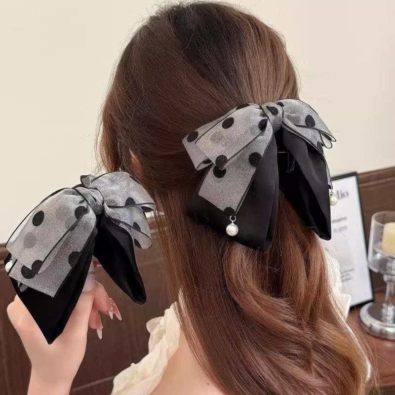 Ribbon Bow Gift - Elegant Gray Polka Dot Bow Hairpin
