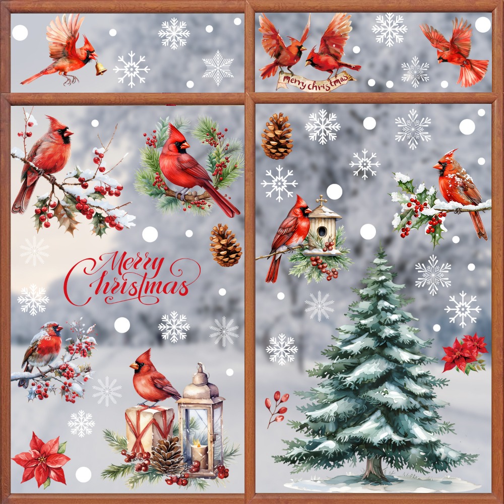 Snowflake Window Decal - 9pcs Christmas Window Decals Cardinal Birds