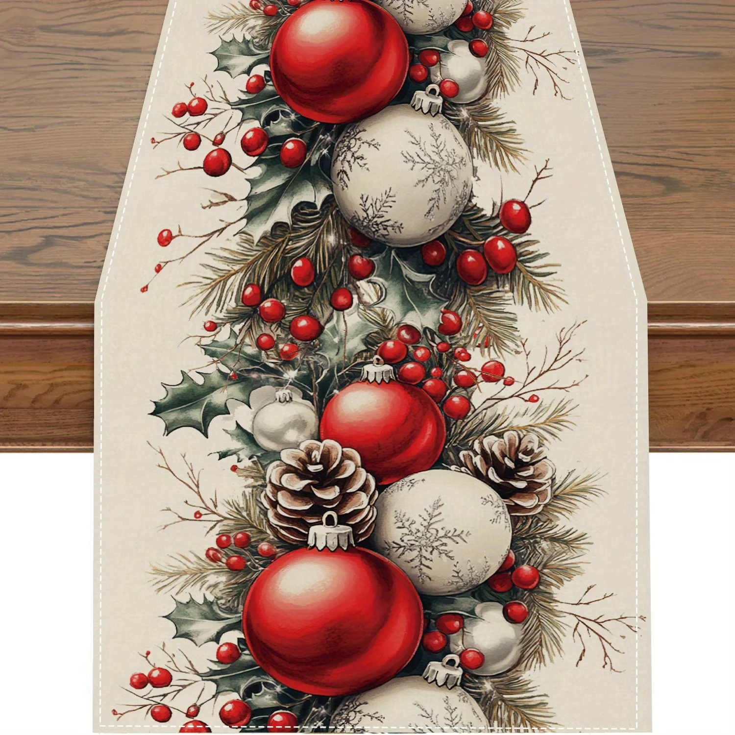 Christmas Balls Pine Cone Red  - Christmas Table Runner 评论和价格